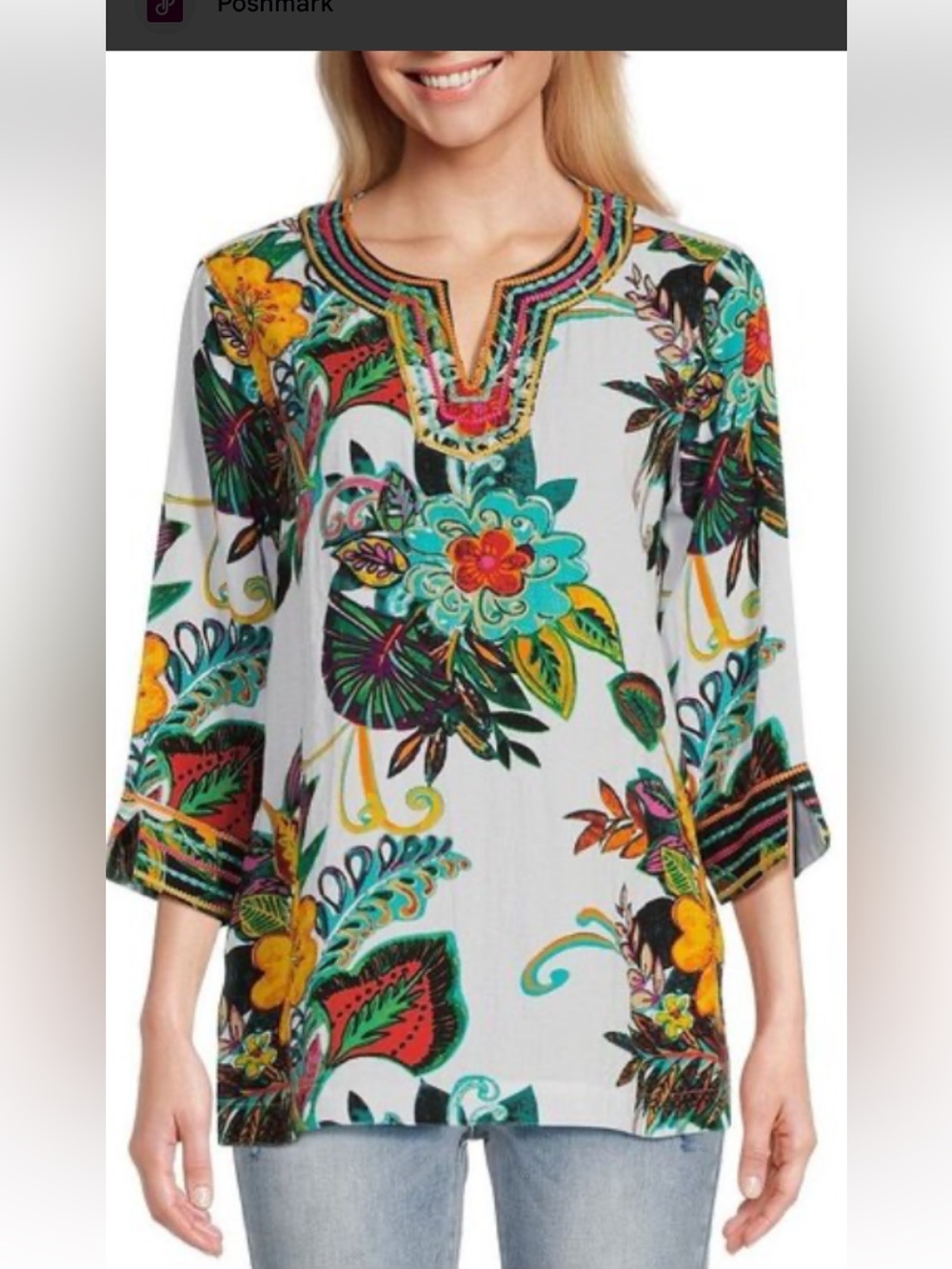 Vibrant Floral Split-Neck Tunic Top - White Multi